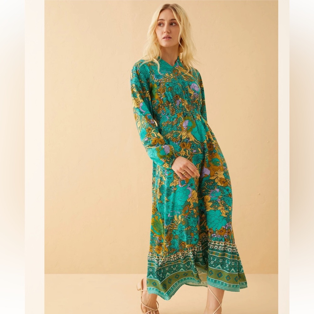 Bohera BNWT Teal Floral Long Sleeve Maxi Dress Size LG